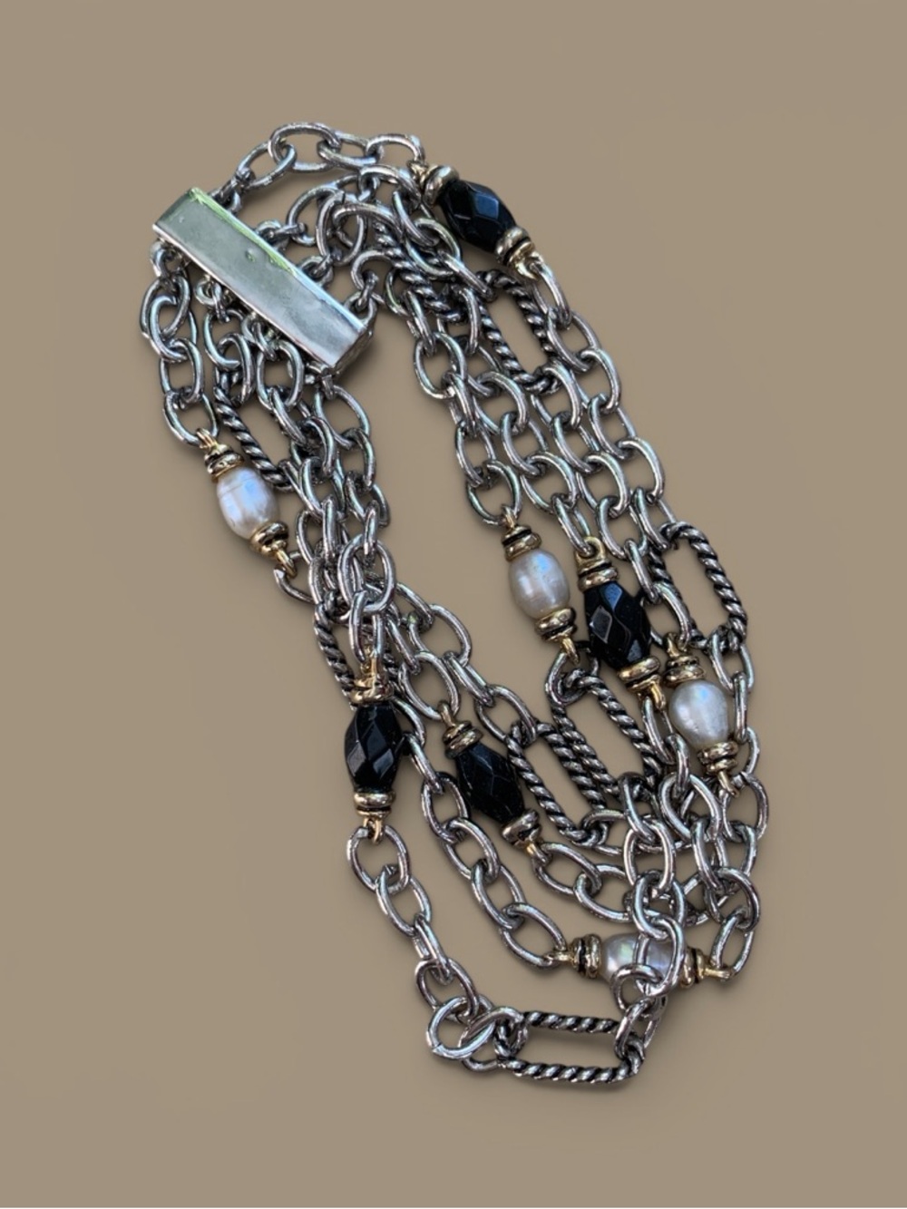 Multi-Strand Chain Bracelet with Pearls & Black Crystal Beads